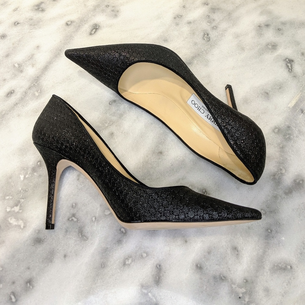 Jimmy Choo | Black Glitter Agnes Heels - Picture 5 of 7
